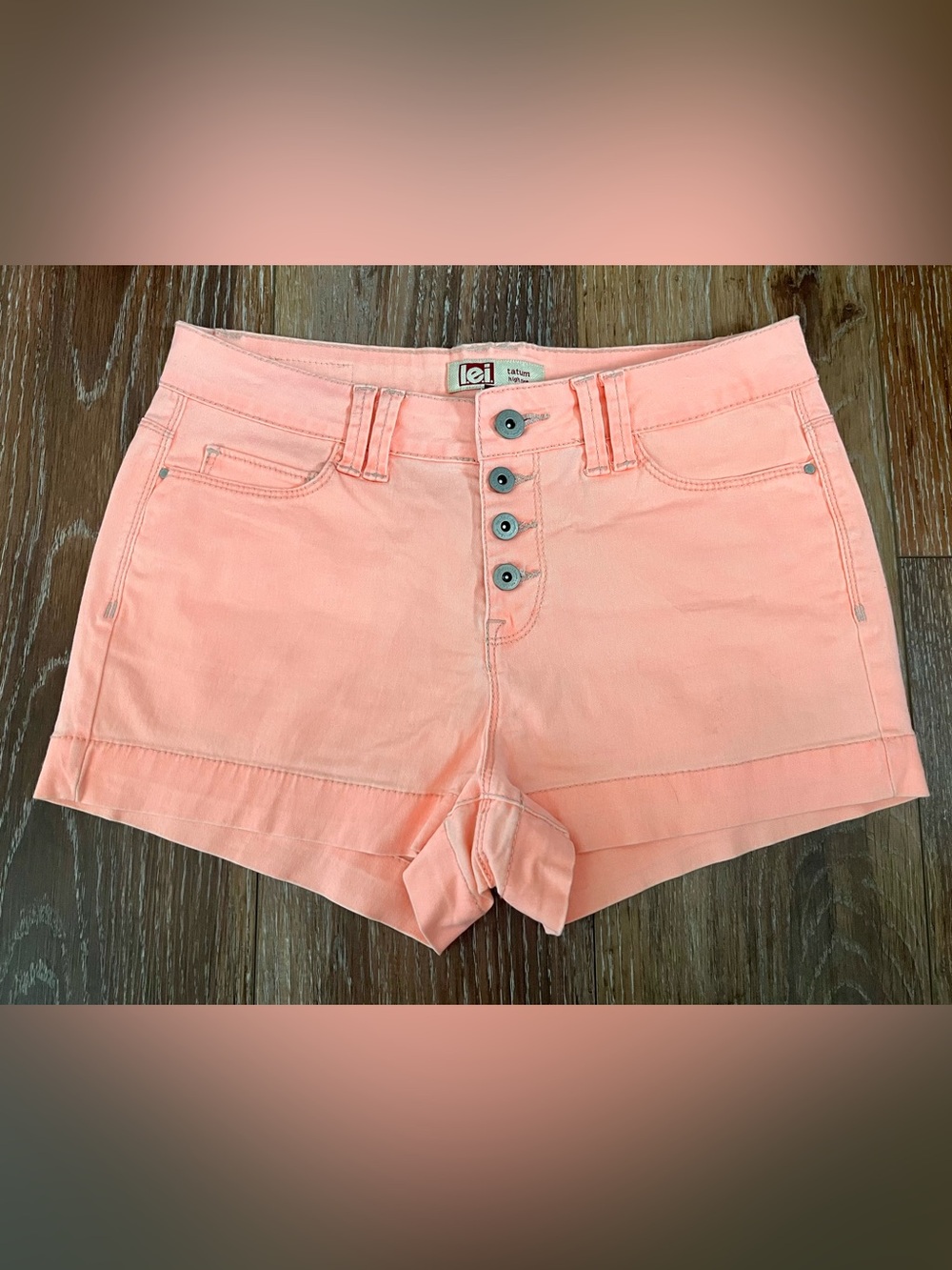 NWOT L.E.I. Neon Coral High Rise Tatum Denim Cuffed Shorts Size 5